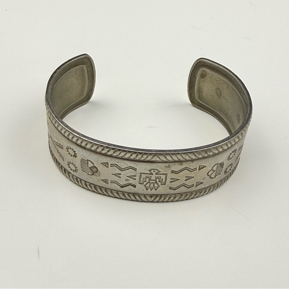 Native American Inspired Silver Tone Cuff Bracelet GUC